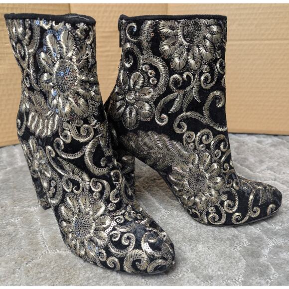 Wild Diva High Heel Ankle Boots Booties WOMENS 7.5 black gold embroidery sequins - Picture 2 of 8